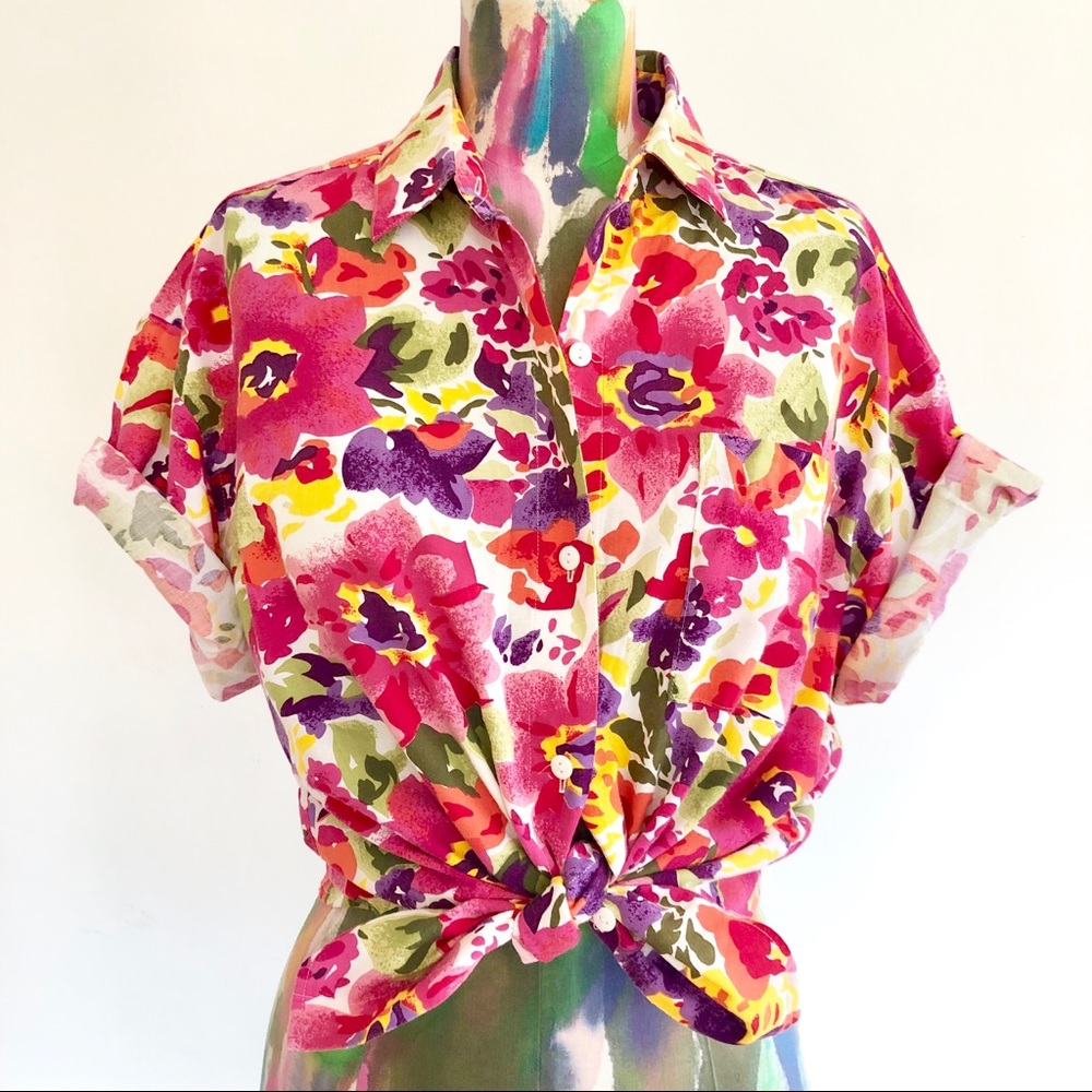 💕VINTAGE 80s Brushstroke Floral Blouse